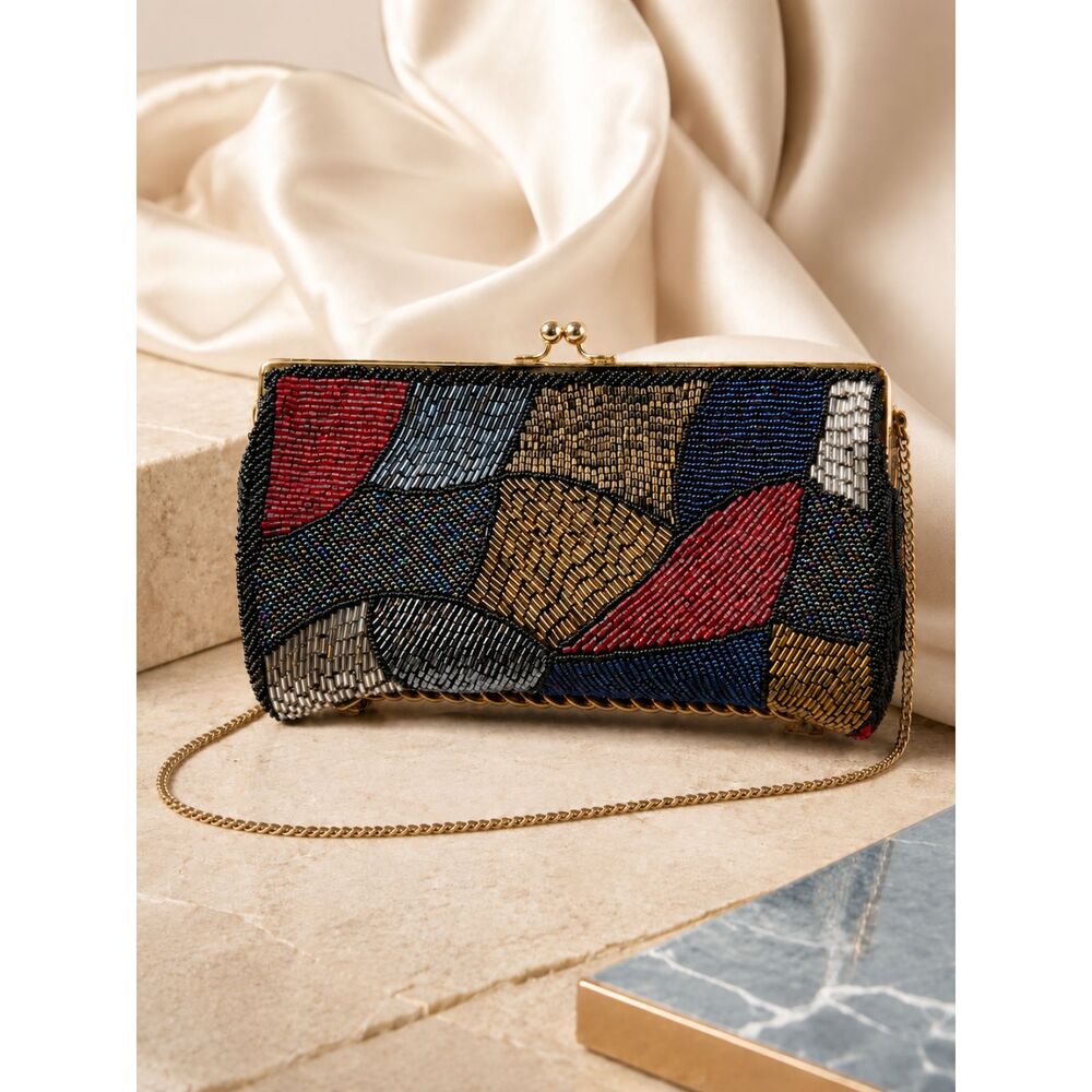 Vintage Walborg Beaded Geometric Clutch 1980s Art Deco Jewel Tone Evening Bag